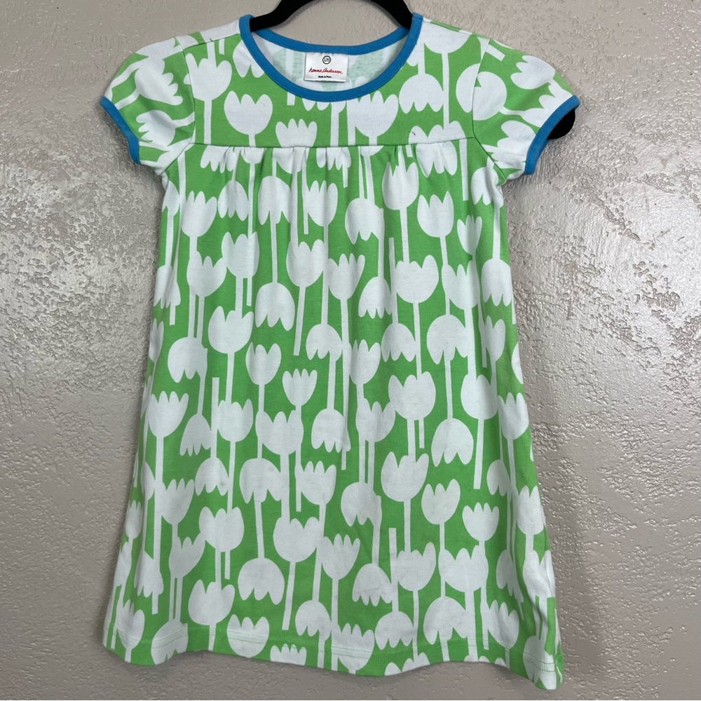 Hanna‎ Andersson Girls Green White Floral Short Sleeve Tunic Shirt Size 120 6/7